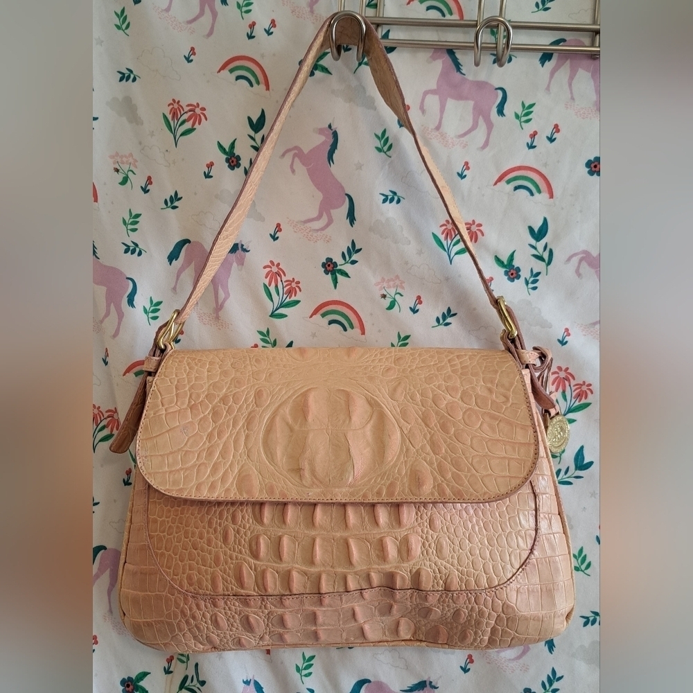 Vintage Y2K Brahmin Pink Croc Leather Boho Neutral Satchel Shoulder Purse Bag
